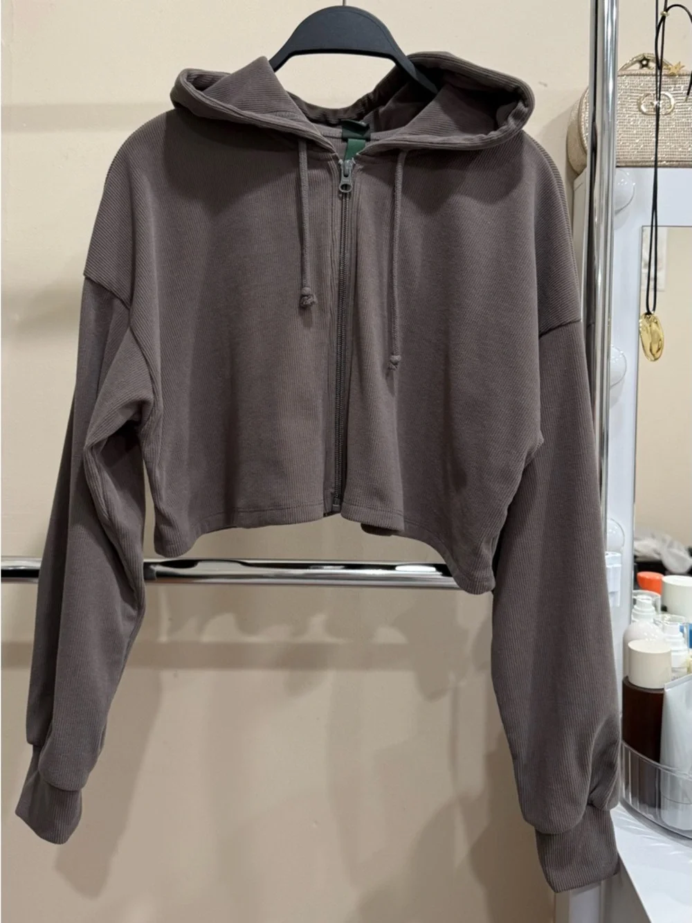 Wild Fable Cropped Zip-Up Hoodie Brown Ribbed Size M - Picture 4 of 5